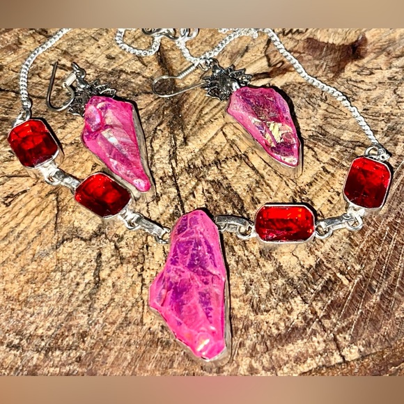 Titanium Bright Pink Drusy Necklace & Earrings Set - Picture 4 of 6